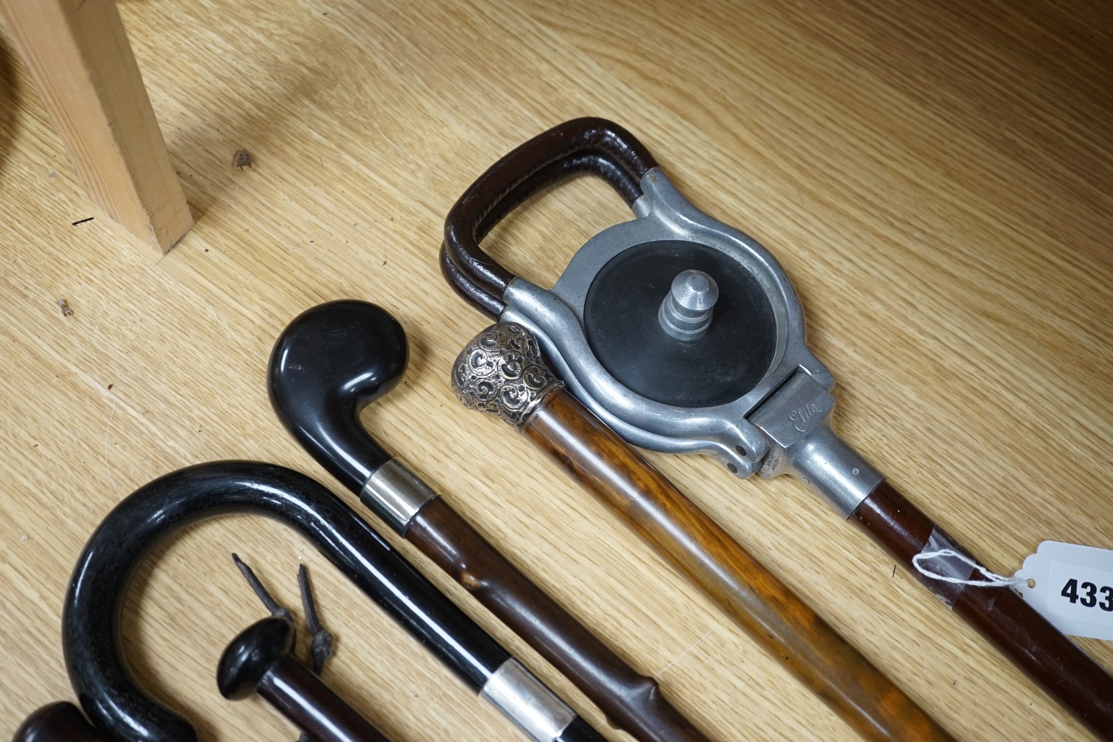 Four silver mounted walking canes, a malacca cane, a carved hardwood cane and a shooting stick (7)